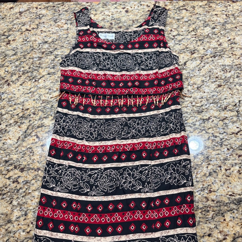 Betsy Lauren Vintage Boho Maxi Dress Beaded Fringe Floral Geometric Black Red S